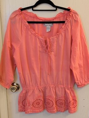 Life Style Coral Boho Peasant Blouse Women's L Cotton Tie Front Eyelet Hem Top